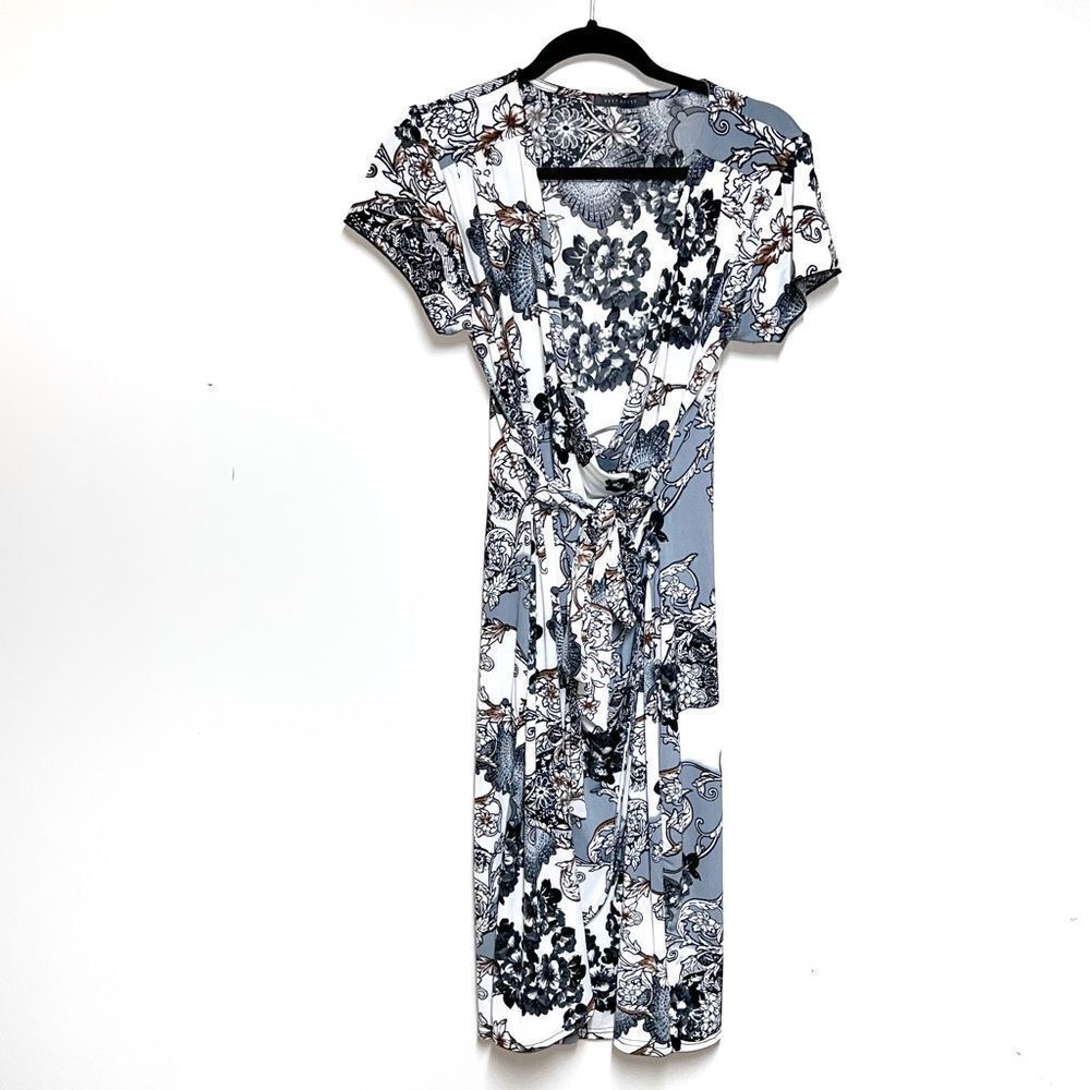 Suzy Shier Floral V Neck True Wrap Midi Dress Womens Sz L